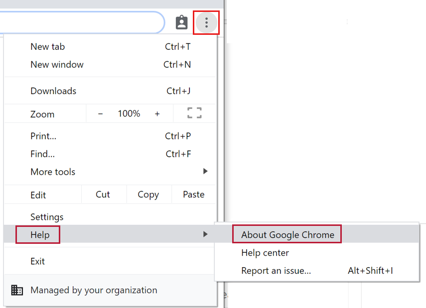 Skärmdumpen visar stegen för att kontrollera Chrome-versionen.