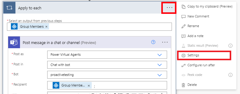Skärmdump av att välja inställningar.