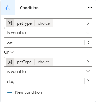 Skärmbild som visar en Villkor-gren med operatorn Eller.