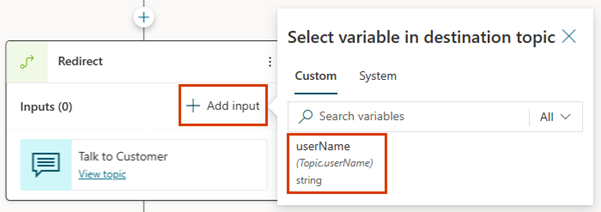 Skärmbild av Hälsningsfrasen ämne variabeln userName läggs till som indata i en omdirigerad nod.