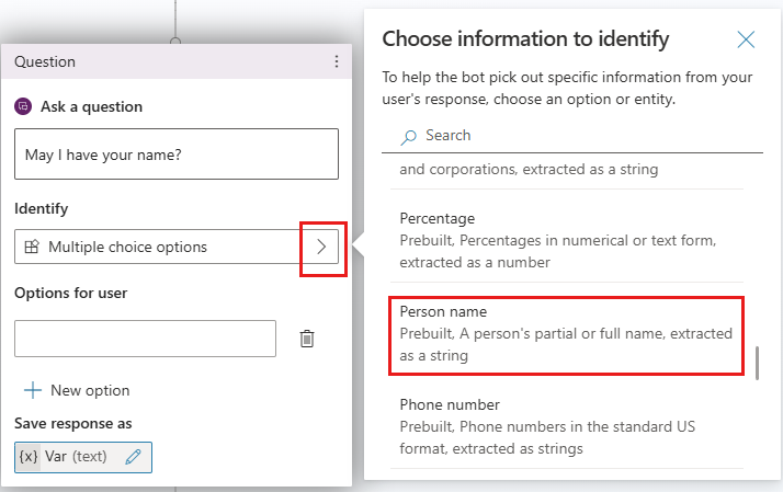 Skärmbild på en fråga-nod med panelen Välj information att identifiera öppen.