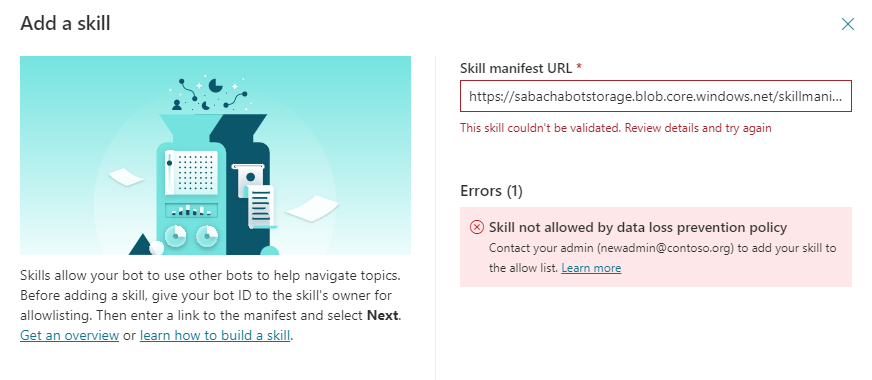 Skärmbild av rutan Lägg till en färdighet i Microsoft Copilot Studio som visar de fel som uppstår om färdigheter är förbjudna av DLP-policyn.