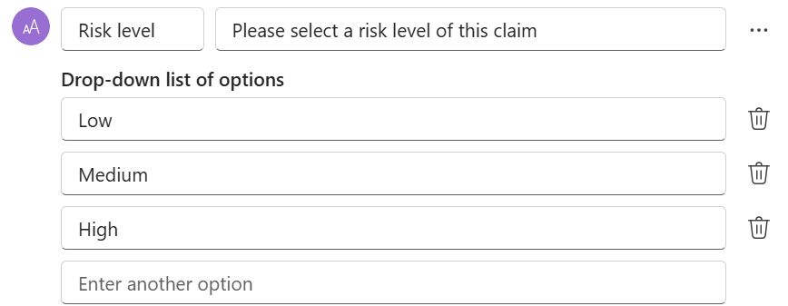 Skärmbild av hur du lägger till alternativ för textindata i en listruta i Copilot Studio.