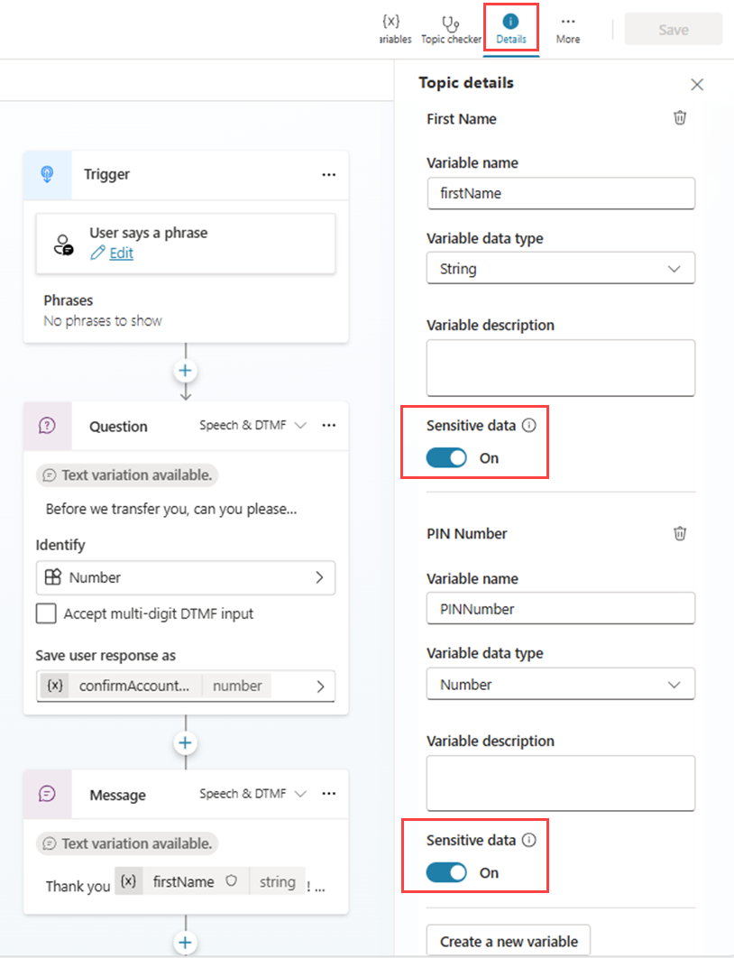 Skärmdump av designytan i Copilot Studio, där ett ämnes detaljfönster visas, med fokus på inställningarna för känslig data vid inmatning och utmatning.