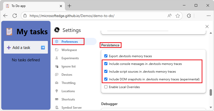 The Settings panel in DevTools, showing the trace options
