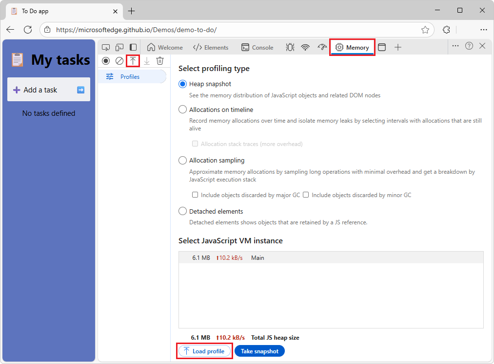 Microsoft Edge, showing the Memory tool in DevTools, with the Load button