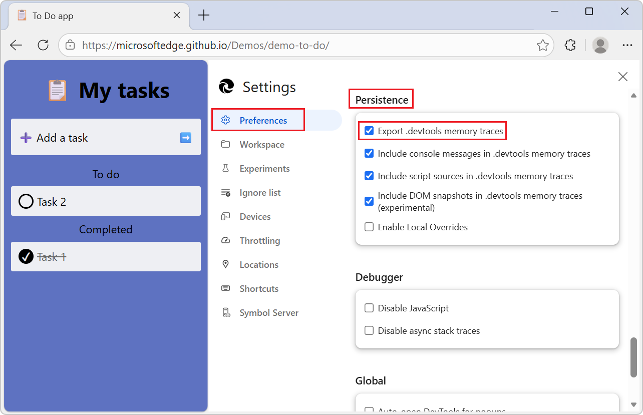 The Settings panel in DevTools, showing the export type option