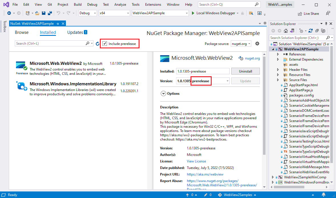 NuGet Package Manager with WebView2 SDK prerelease selected