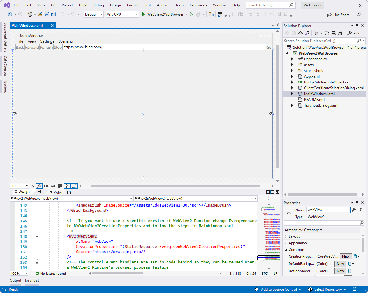 The WebView2WpfBrowser project in Visual Studio