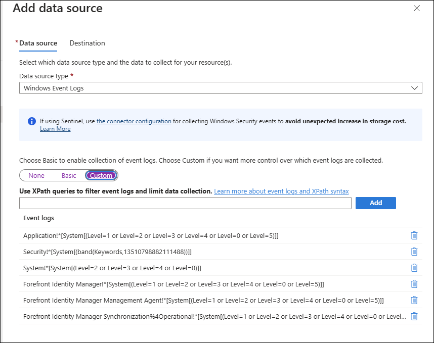 Skärmbild av datainsamlingskällor.
