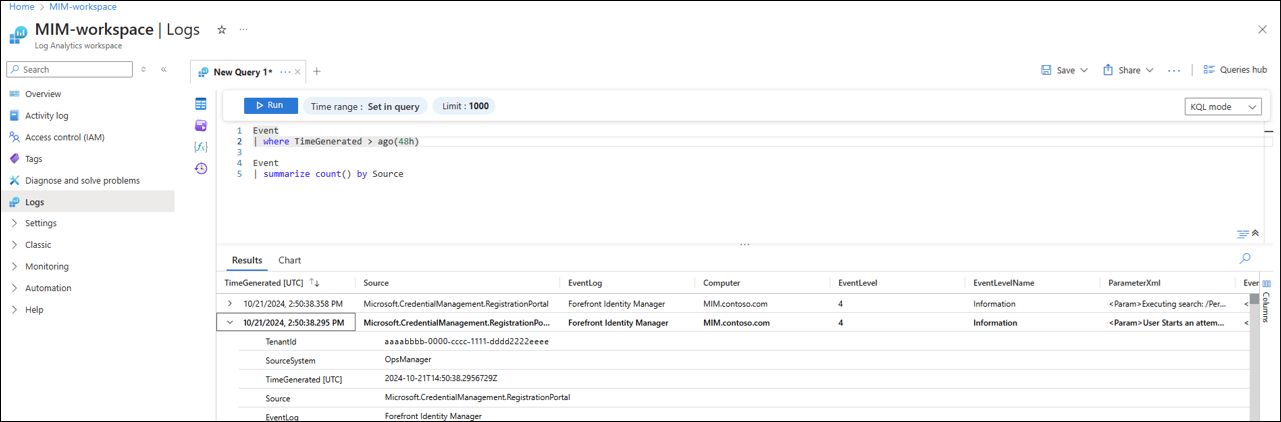 Skärmbild av insamlade data.