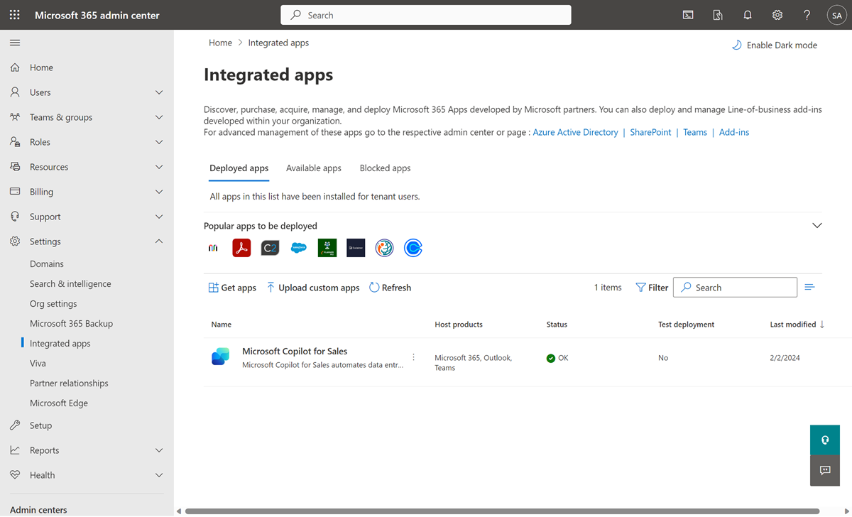 Skärmbild som anger Copilot för Försäljning installerat som ett tillägg för Outlook.