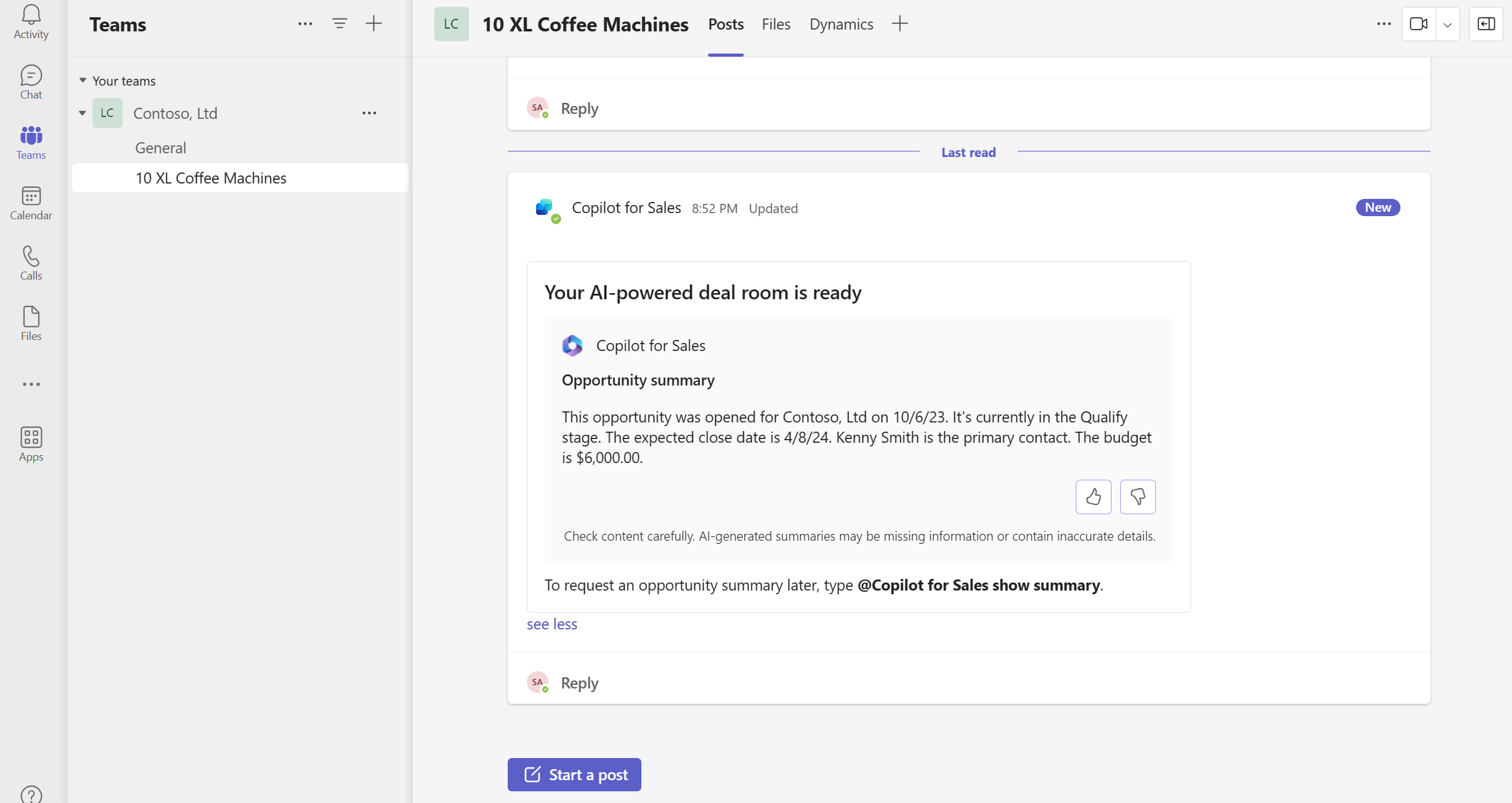 Skärmbild av en AI-genererad möjlighetSammanfattning i affärsrumskanal i Teams.