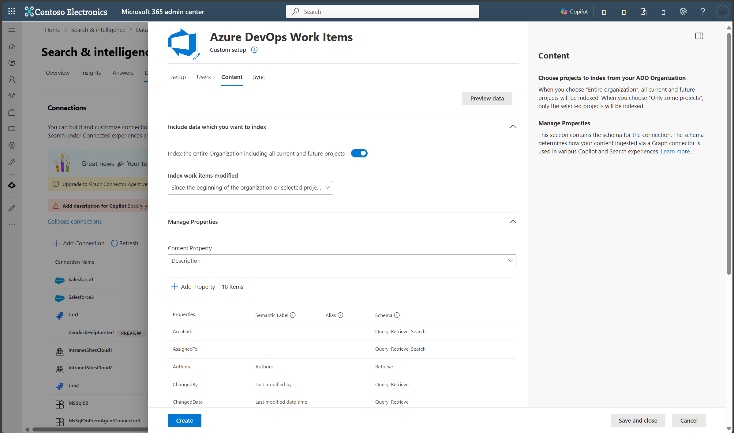 Screenshot that shows Content tab where you can configure projects and connection schema.