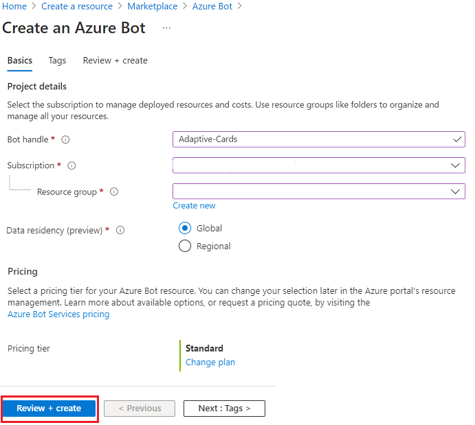 Screenshot shows how to create Azure bot.