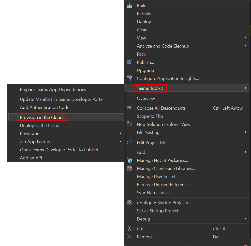 Screenshot shows the Provision in the Cloud option under Agents Toolkit in Visual Studio.