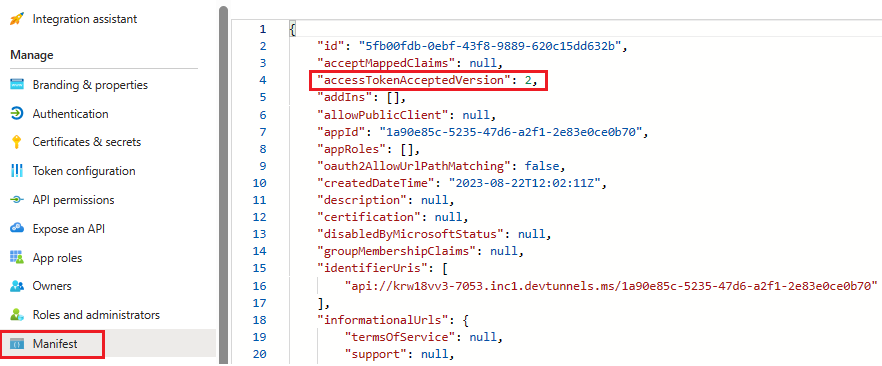 Screenshot shows the manifest option and accesstoken details in Azure portal.