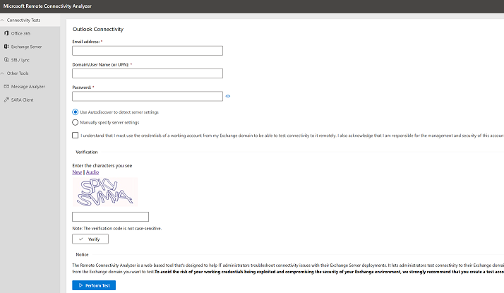 Skärmbild av sidan Outlook-anslutning i Microsoft Remote Connectivity Analyzer.