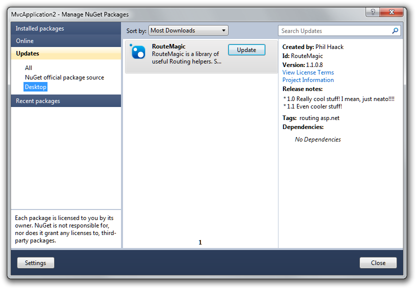 Versionsinformation i fliken Uppdateringar