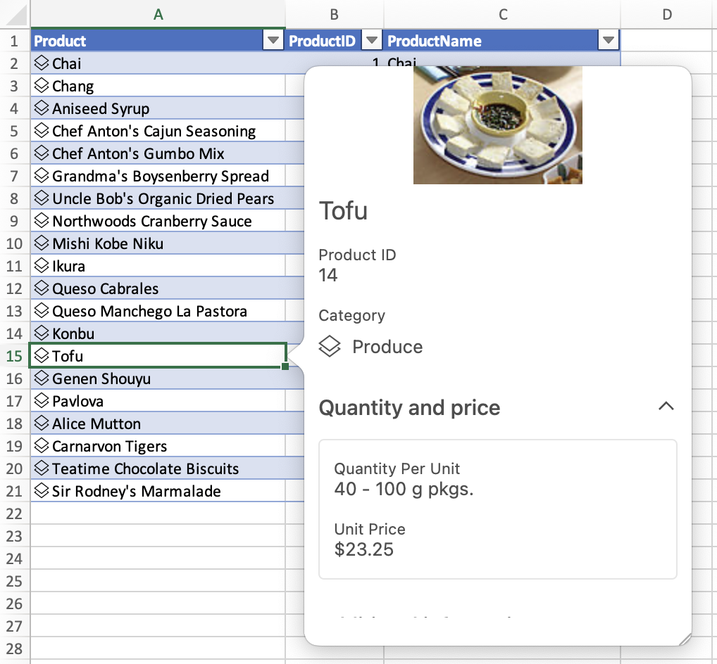 An entity value data type with the card window displayed.