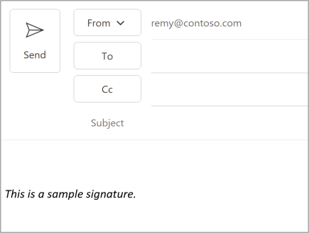 A sample signature added to a newly composed message when a default Outlook signature isn't configured on the account.