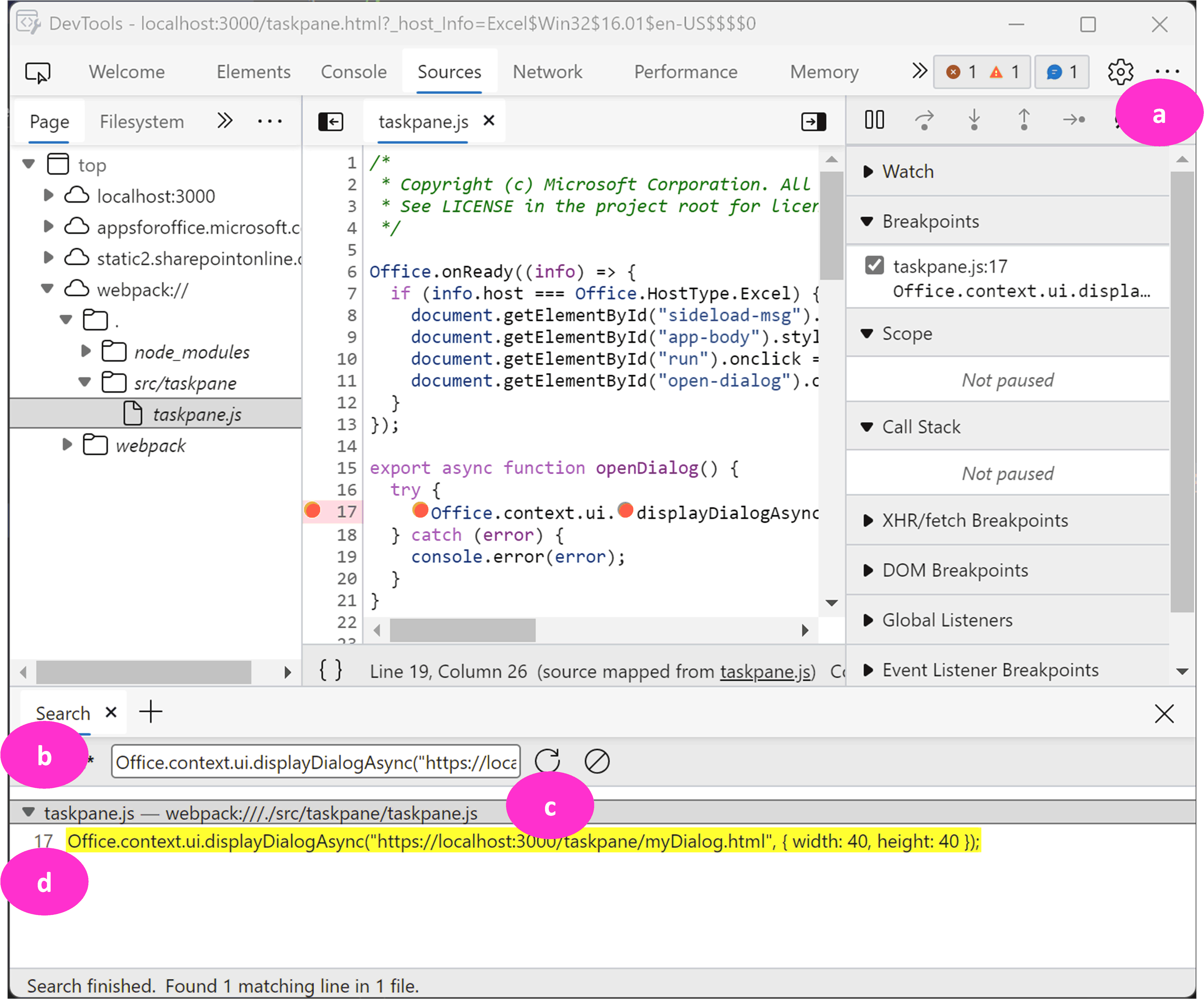Edge Chromium developer tools source tab with 4 parts labelled A through D.