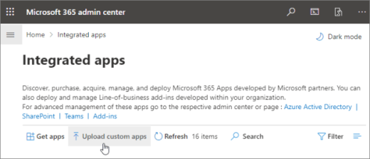 The Integrated apps page on the Microsoft 365 admin center with the Upload custom apps action highlighted.