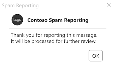 A sample of a post-processing dialog shown once a reported spam message has been processed by the add-in.