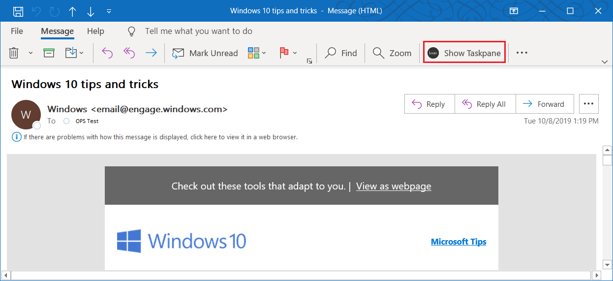 A message window in Outlook with the add-in ribbon button highlighted.