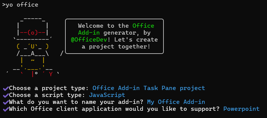 The prompts and answers for the Yeoman generator in a command line interface.