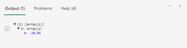 The console log displaying the the output '-20.05', nested under two arrays.