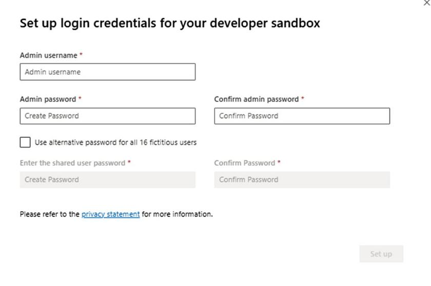 Set up login credentials for your developer sandbox - admin username and password fields