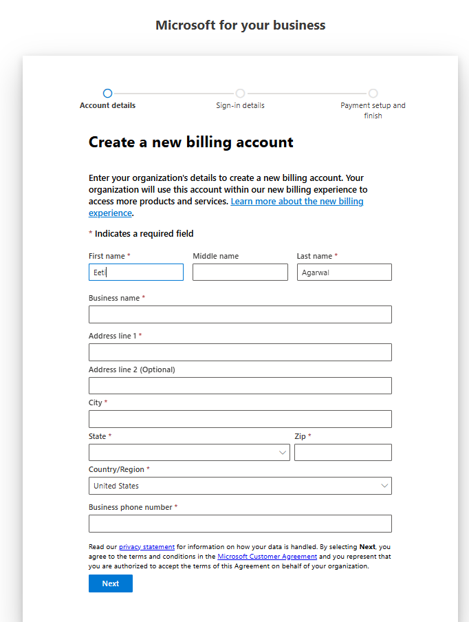 Enter your account details including business name, address, and phone number