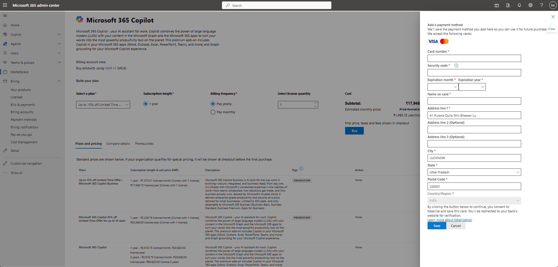 Enter billing details and payment information