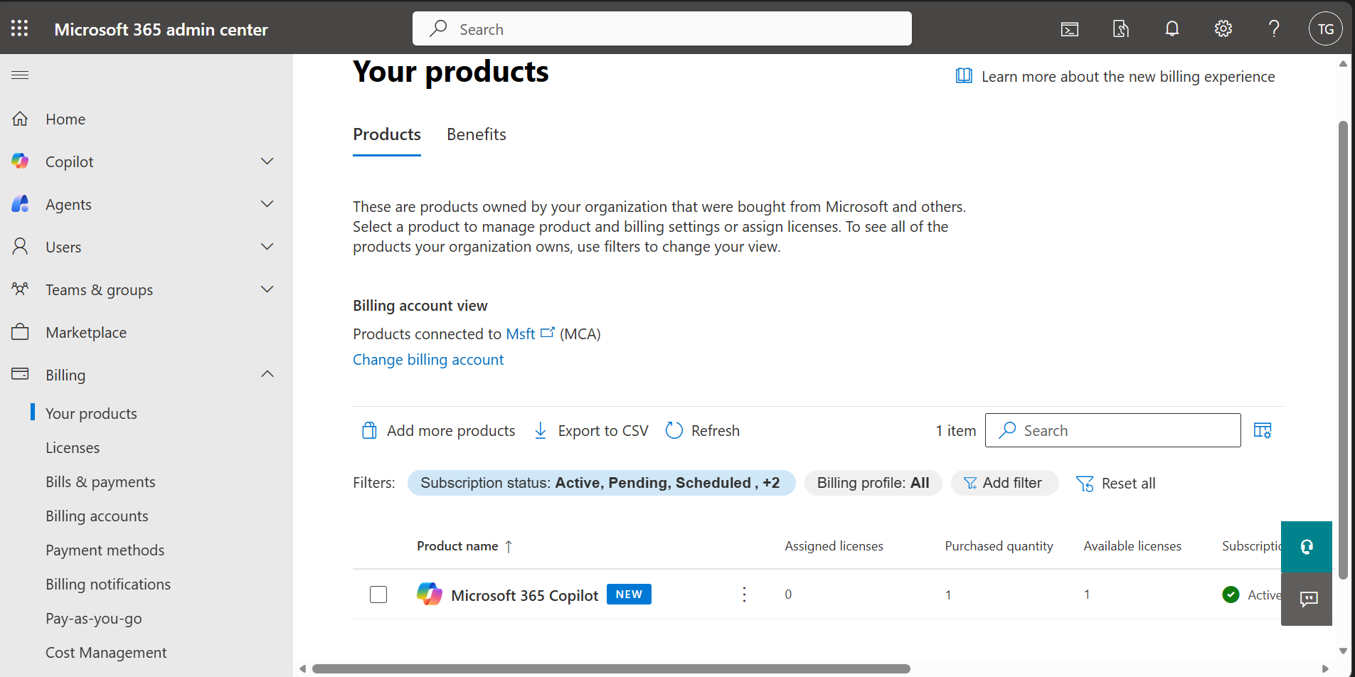 Microsoft Copilot appears now under Your Products