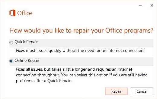 Välj alternativet Online reparation för att reparera kontoret.