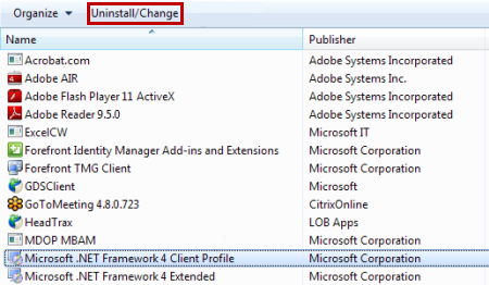 Skärmbild där du väljer Avinstallera/ändra när du har valt objektet Microsoft .NET Framework 4-klientprofil.