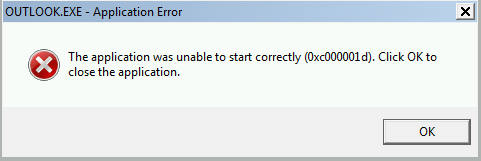 Skärmbild av felinformationen om att programmet inte kunde startas korrekt (0xc000001d).