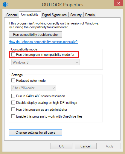 Skärmbild av fliken Kompatibilitet i Outlook-egenskaper.