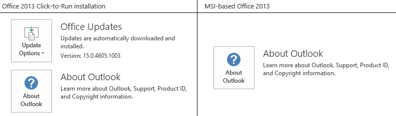 Skärmbild som visar skillnader mellan Office Klicka-och-kör- och MSI-baserade versioner under Office-konto.