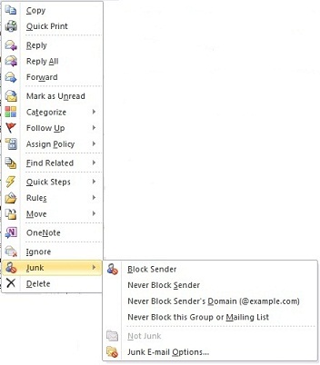 Skärmbild som visar menyn Skräppost Email i Outlook 2010.