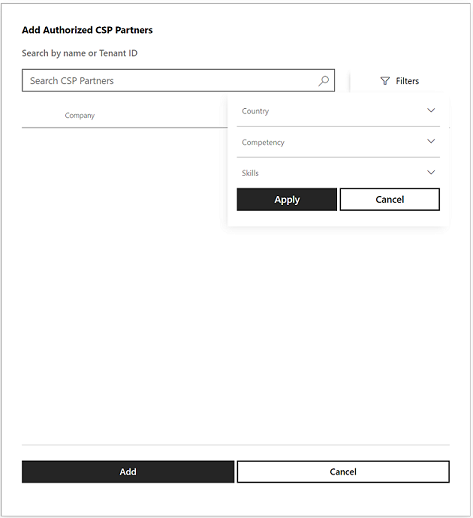 Filter för land/region, kompetens och kompetens för partnersökning
