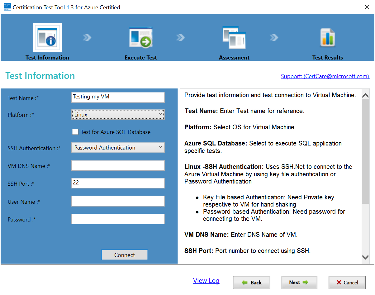 Visar valet av vm-testinformation.