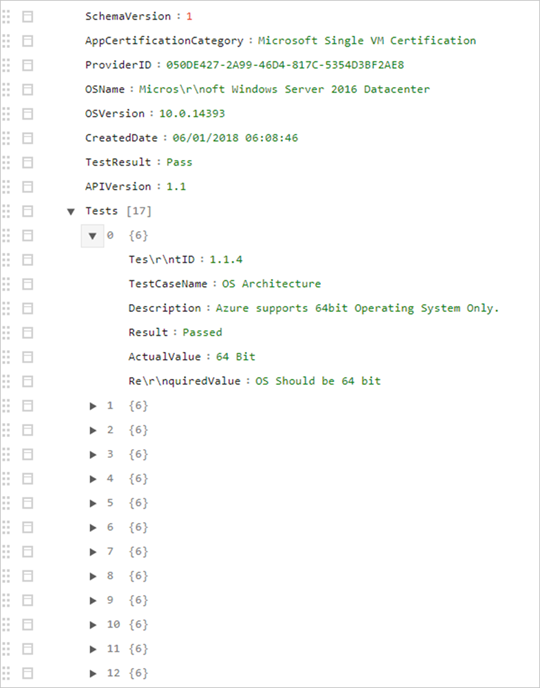 Testresultat i ett JSON-visningsprogram online.