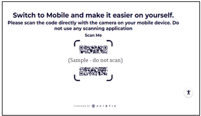 Skärmbild av sidan AU10TIX: Växla till mobil och gör det enklare för dig själv. Sidan har en framträdande QR-kod för genomsökning.