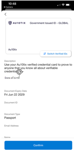 Skärmbild av sidan Microsoft Authenticator på en mobil enhet, med en förhandsgranskning av ID-kortet och annan information om autentiseringsuppgifterna. Knappen Bekräfta visas.