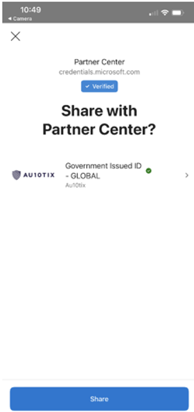 Skärmbild av sidan Microsoft Authenticator på en mobil enhet med text: Dela med Partnercenter? Knappen Dela visas.