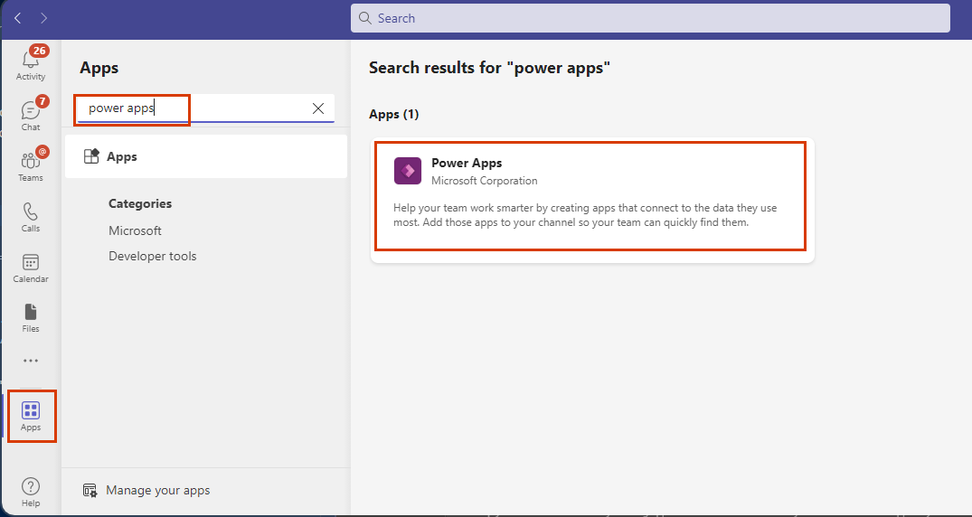Skärmbild på söksidan för Teams-appen, där Power Apps-appen markerad.