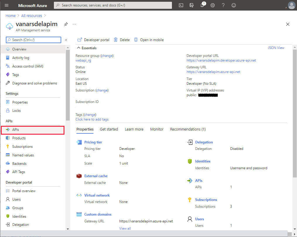Sidan API Management-tjänst. Välj API: er.