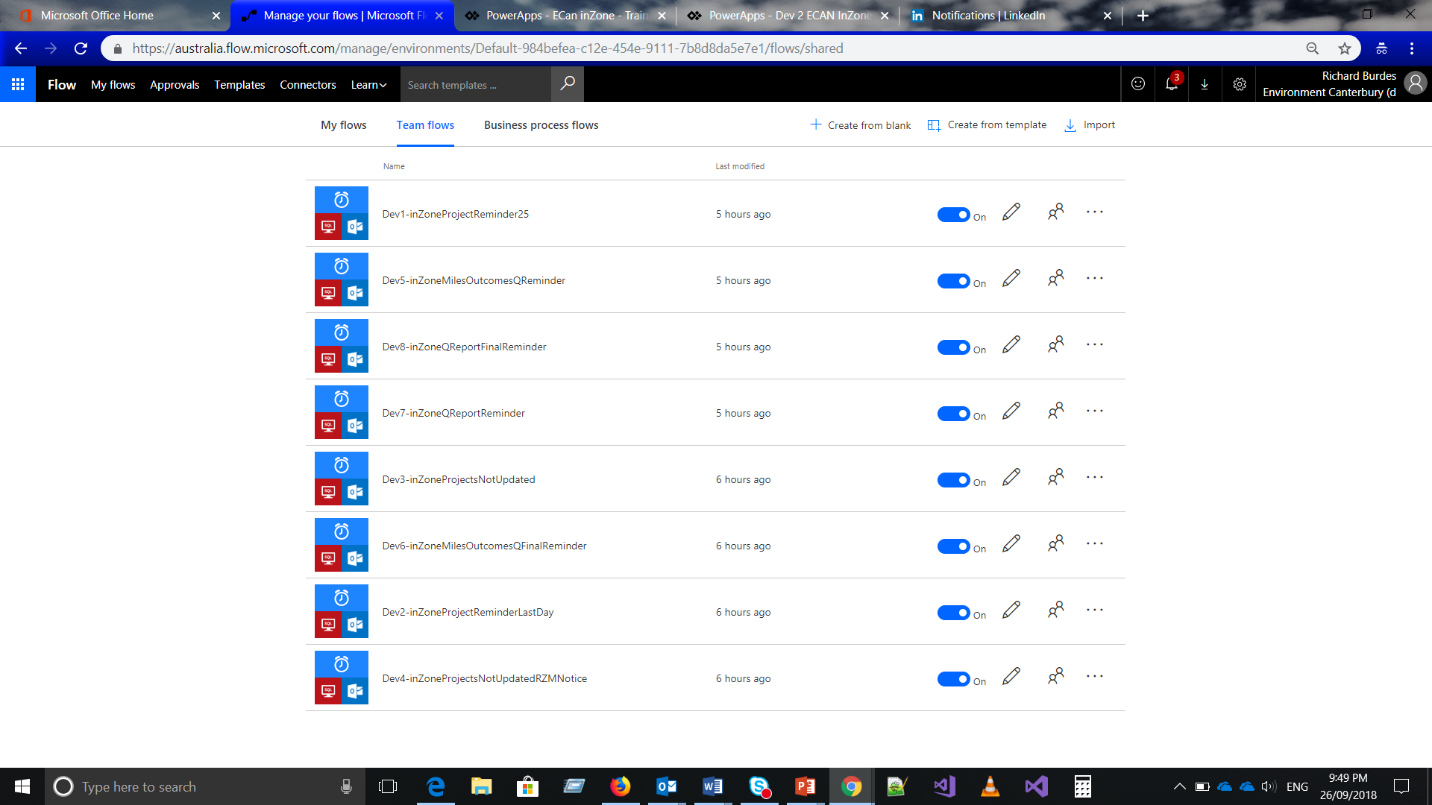 Skärmbild av de flöden som genererar olika e-postmeddelanden.
